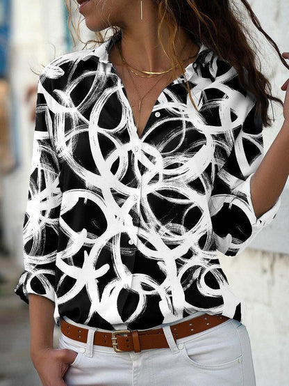 Women's Blouses Circle Print Button Long Sleeve Blouse - Blouses - INS | Online Fashion Free Shipping Clothing, Dresses, Tops, Shoes - 10/11/2021 - 20-30 - BLO2111111422