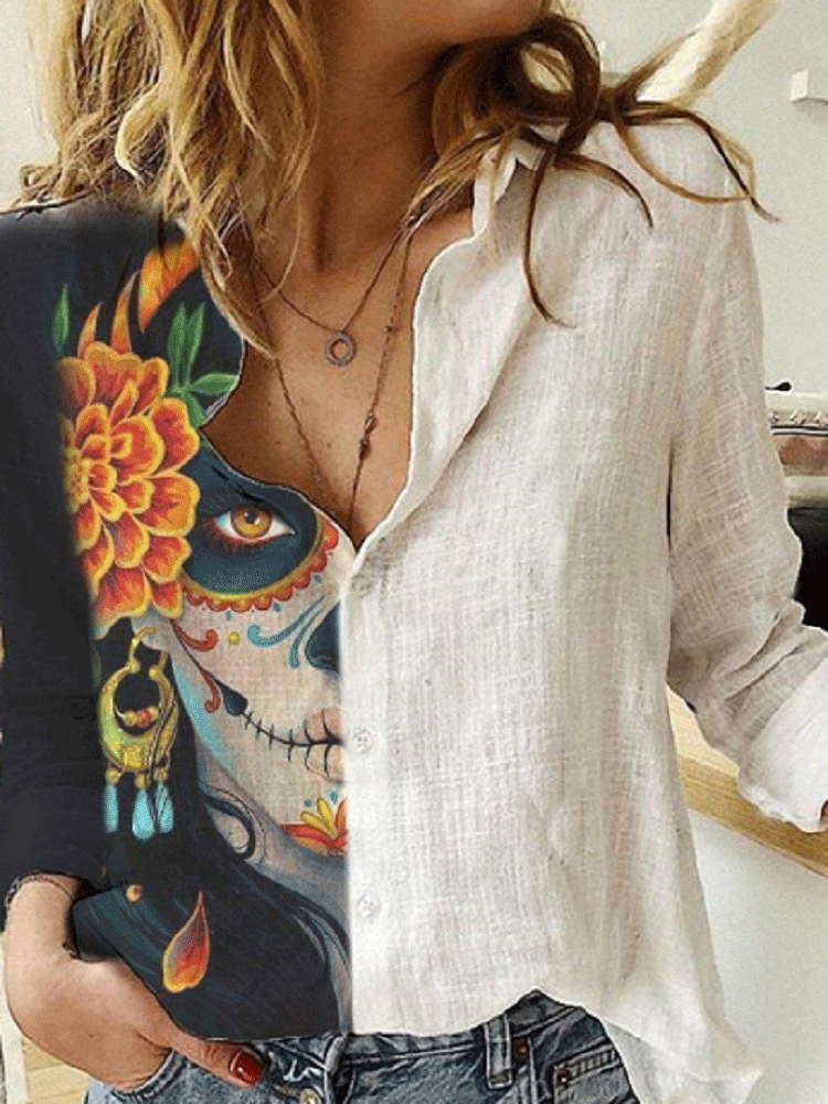 Women's Blouses Clown Print Lapel Button Long Sleeve Blouse - Blouses - INS | Online Fashion Free Shipping Clothing, Dresses, Tops, Shoes - 20-30 - 28/10/2021 - BLO2110281393