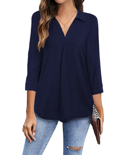 Blouses - Collared V Neck Casual Loose Blouse - MsDressly