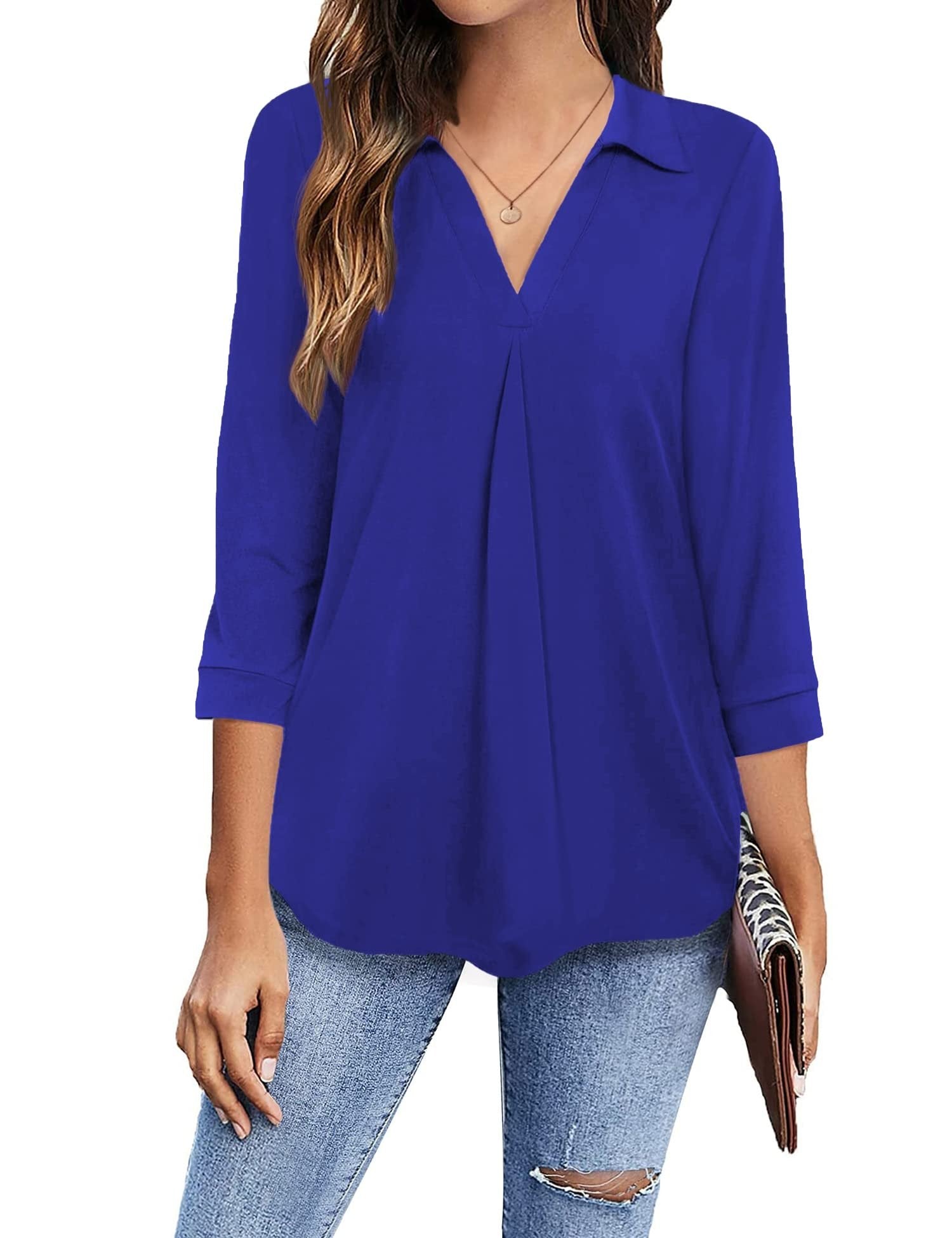Blouses - Collared V Neck Casual Loose Blouse - MsDressly