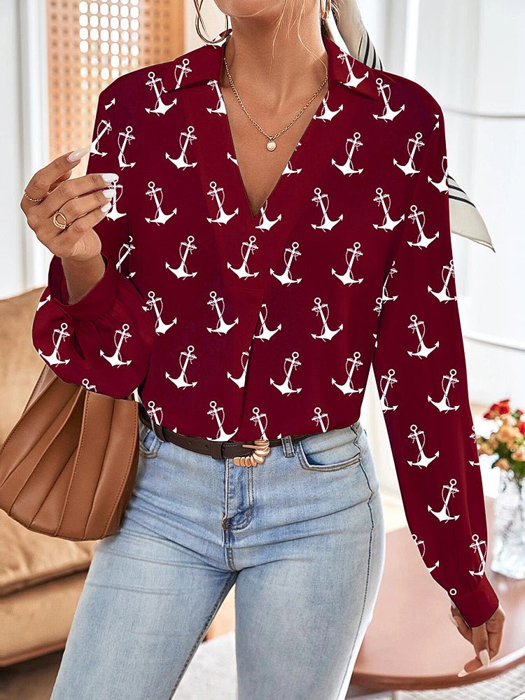 Women's Blouses Collared V Neck Long Sleeve Anchor Printing Blouse - Blouses - Instastyled | Online Fashion Free Shipping Clothing, Dresses, Tops, Shoes - 12/12/2022 - BLO2212121928 - Blouses