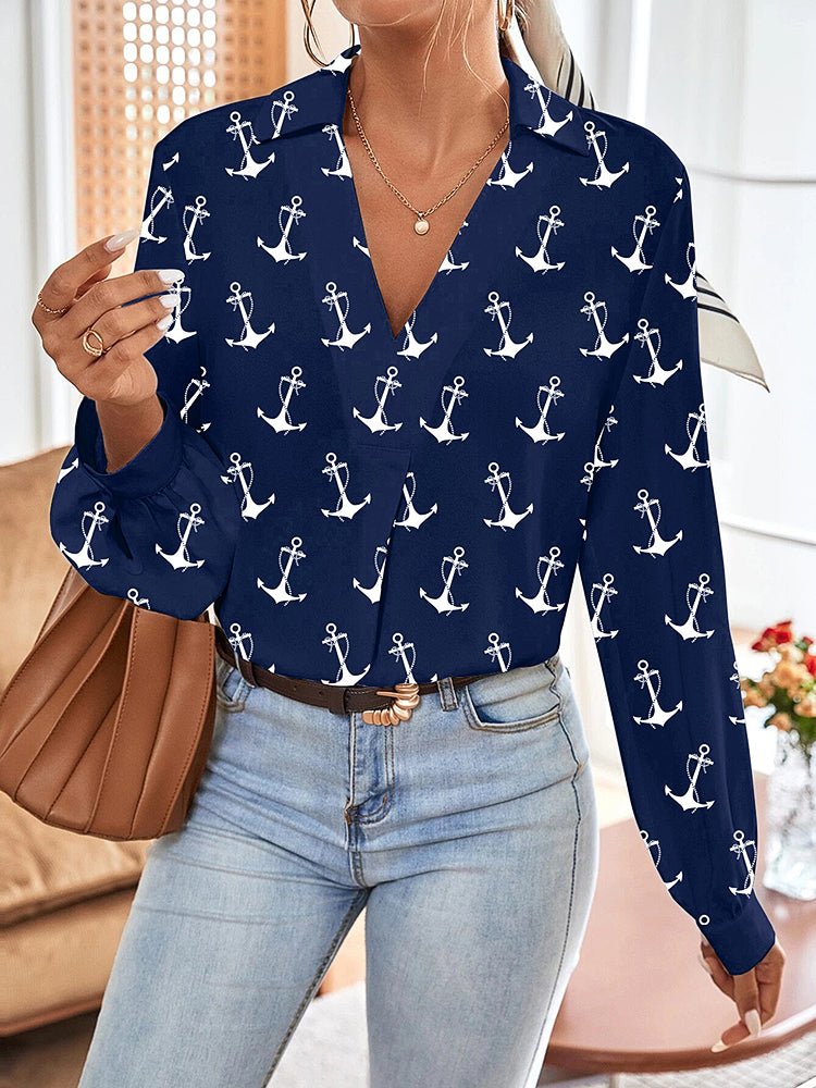 Women's Blouses Collared V Neck Long Sleeve Anchor Printing Blouse - Blouses - Instastyled | Online Fashion Free Shipping Clothing, Dresses, Tops, Shoes - 12/12/2022 - BLO2212121928 - Blouses