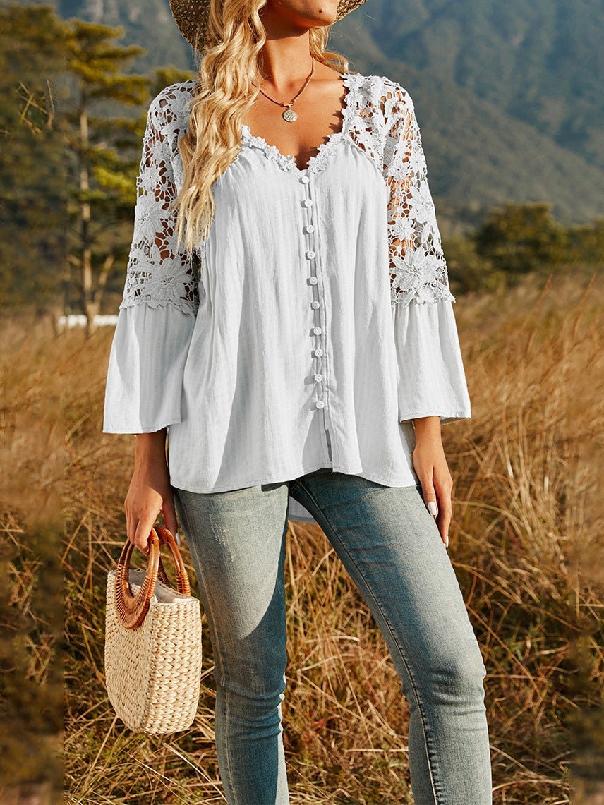 Women's Blouses Deep V-Neck Lace Hollow Long Sleeve Blouses - Blouses - Instastyled | Online Fashion Free Shipping Clothing, Dresses, Tops, Shoes - 24/12/2021 - 30-40 - BLO2112241508