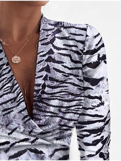 Women's Blouses Deep V-Neck Leopard Print Long Sleeve Blouse - MsDressly