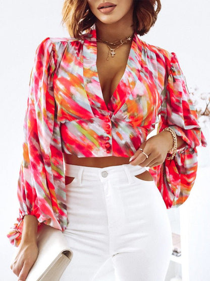 Women's Blouses Deep V Neck Print Balloon Sleeve Blouse - Blouses - Instastyled | Online Fashion Free Shipping Clothing, Dresses, Tops, Shoes - 23/08/2022 - 30-40 - BLO2208231841