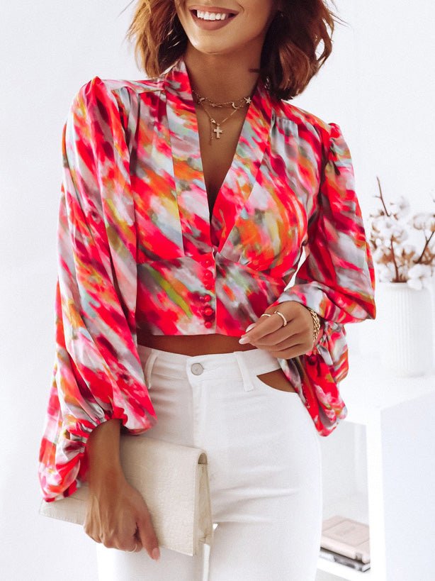 Women's Blouses Deep V Neck Print Balloon Sleeve Blouse - Blouses - Instastyled | Online Fashion Free Shipping Clothing, Dresses, Tops, Shoes - 23/08/2022 - 30-40 - BLO2208231841