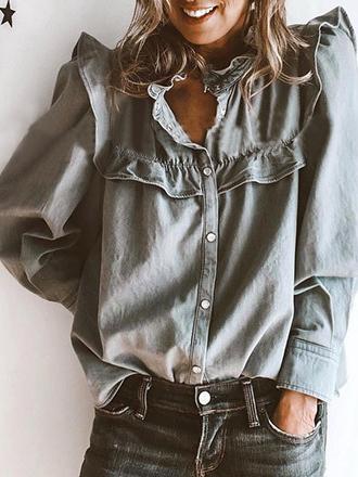 Blouses - Doll Collar Long Sleeve Button Denim Blouse - MsDressly