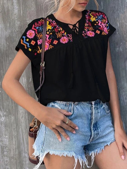 Women's Blouses Embroidered Fringe Collar Batwing Sleeves Blouse - Blouses - Instastyled | Online Fashion Free Shipping Clothing, Dresses, Tops, Shoes - 19/05/2022 - 30-40 - BLO2205191707