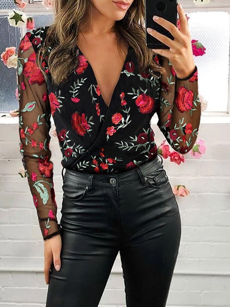 Women's Blouses Embroidered V-Neck Mesh Long Sleeve Blouse - Blouses - Instastyled | Online Fashion Free Shipping Clothing, Dresses, Tops, Shoes - 30-40 - 30/12/2021 - BLO2112301517