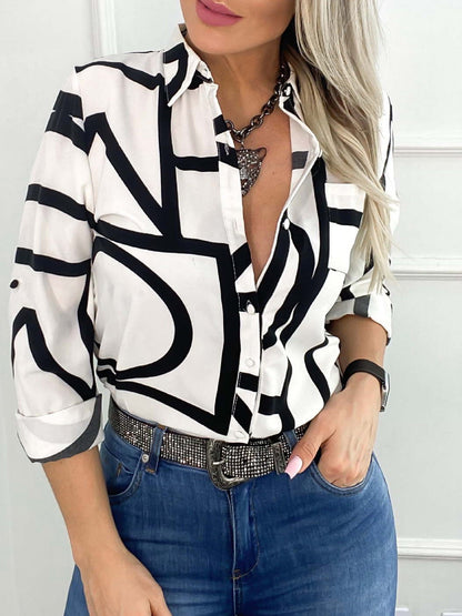 Blouses - Fashion Print Button Long Sleeve Blouse - MsDressly