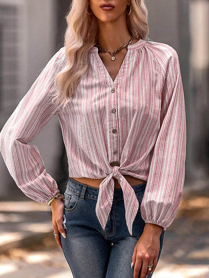 Women's  Blouses Fashion Slim V-Neck Stripe Long Sleeve  Blouse - MsDressly