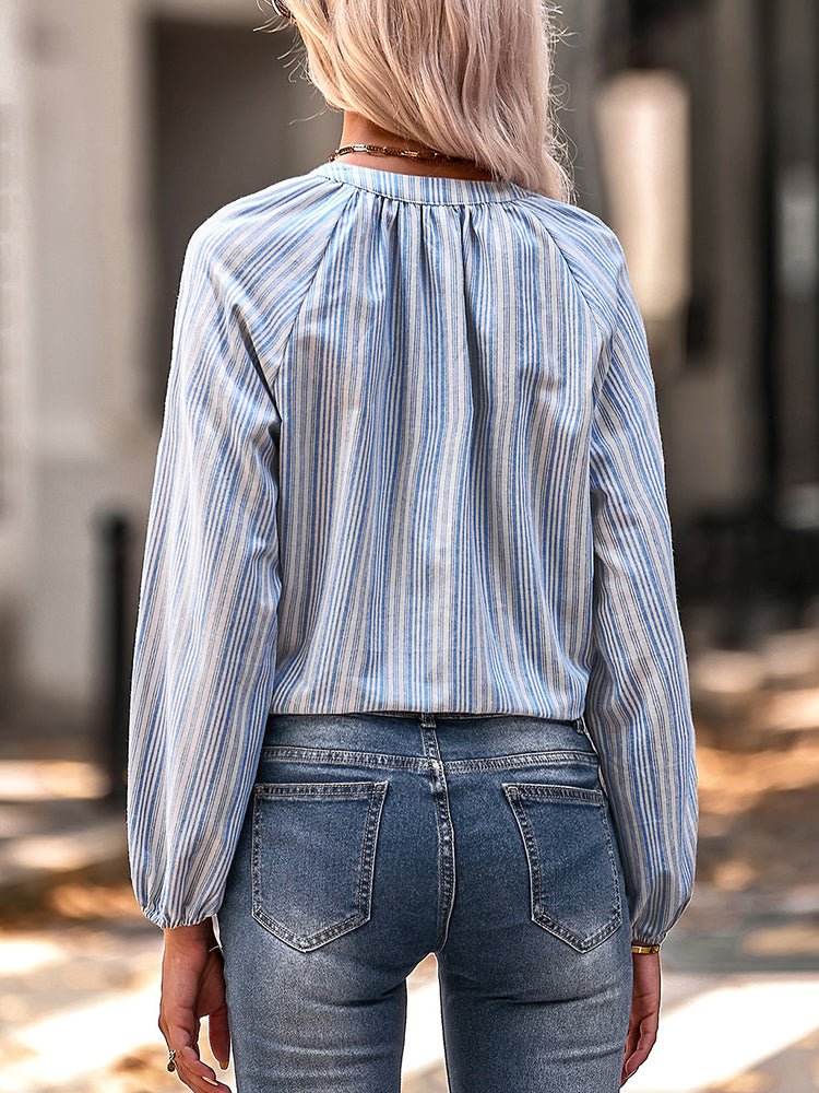 Women's  Blouses Fashion Slim V-Neck Stripe Long Sleeve  Blouse - MsDressly