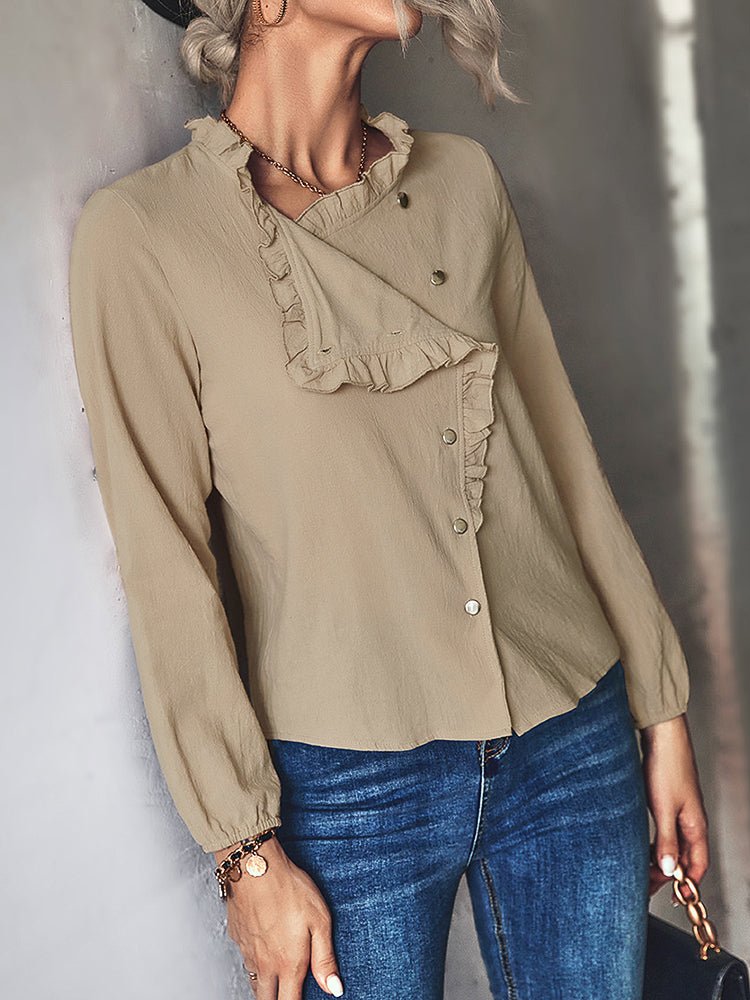 Blouses - Fashion Solid Color Button Ruffle Casual Blouse - MsDressly
