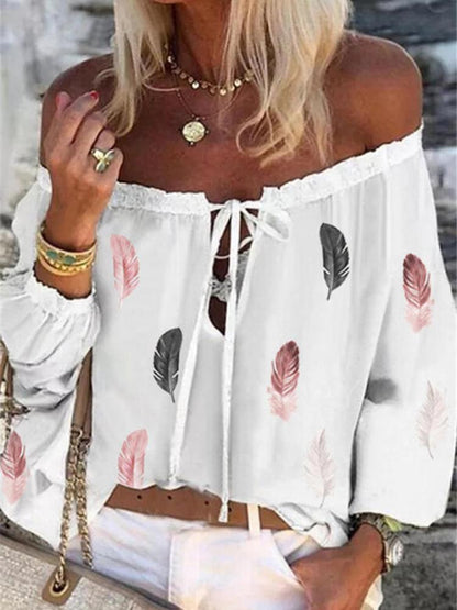 Women's Blouses Feather Print Boat Neck Long Sleeve Chiffon Blouses - Blouses - INS | Online Fashion Free Shipping Clothing, Dresses, Tops, Shoes - 16/09/2021 - 20-30 - BLO2109161334