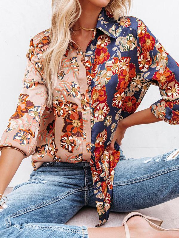 Women's Blouses Floral Contrast Print Long Sleeve Lapel Button Blouses - Blouses - INS | Online Fashion Free Shipping Clothing, Dresses, Tops, Shoes - 13/09/2021 - 20-30 - BLO2109131330