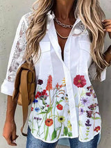 Women's Blouses Floral Print Pocket Lace 3/4 Sleeves Blouse - Blouses - Instastyled | Online Fashion Free Shipping Clothing, Dresses, Tops, Shoes - 24/02/2022 - 30-40 - BLO2202241597