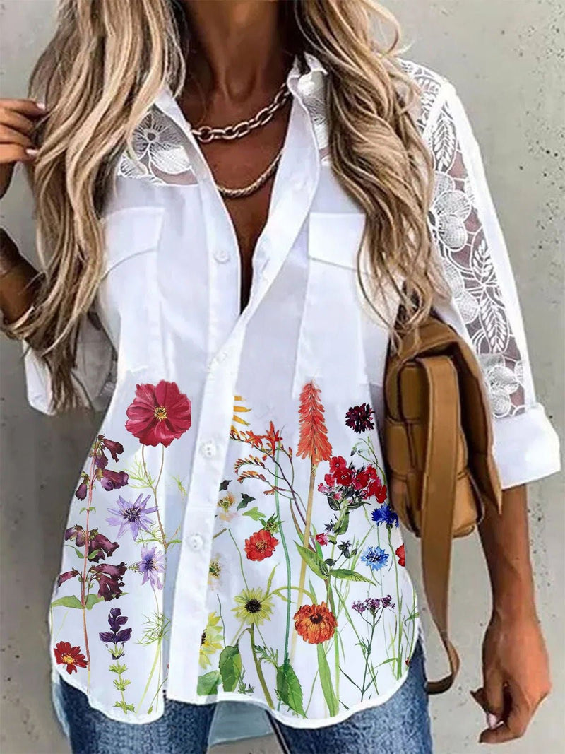 Women's Blouses Floral Print Pocket Lace 3/4 Sleeves Blouse - Blouses - Instastyled | Online Fashion Free Shipping Clothing, Dresses, Tops, Shoes - 24/02/2022 - 30-40 - BLO2202241597