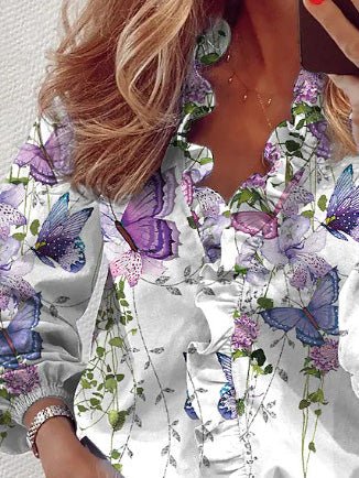 Women's Blouses Floral Print Ruffle V-Neck Long Sleeve Blouse - Blouses - Instastyled | Online Fashion Free Shipping Clothing, Dresses, Tops, Shoes - 05/08/2022 - BLO2208051813 - Blouses