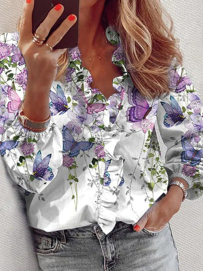 Women's Blouses Floral Print Ruffle V-Neck Long Sleeve Blouse - Blouses - Instastyled | Online Fashion Free Shipping Clothing, Dresses, Tops, Shoes - 05/08/2022 - BLO2208051813 - Blouses