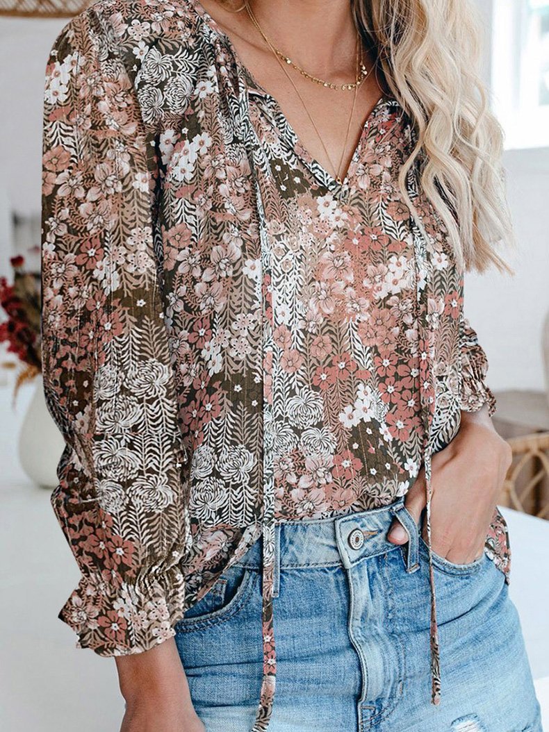 Women's Blouses Flower Print V-Neck Long Sleeve Blouse - Blouses - INS | Online Fashion Free Shipping Clothing, Dresses, Tops, Shoes - 20-30 - 26/09/2021 - BLO2109261352