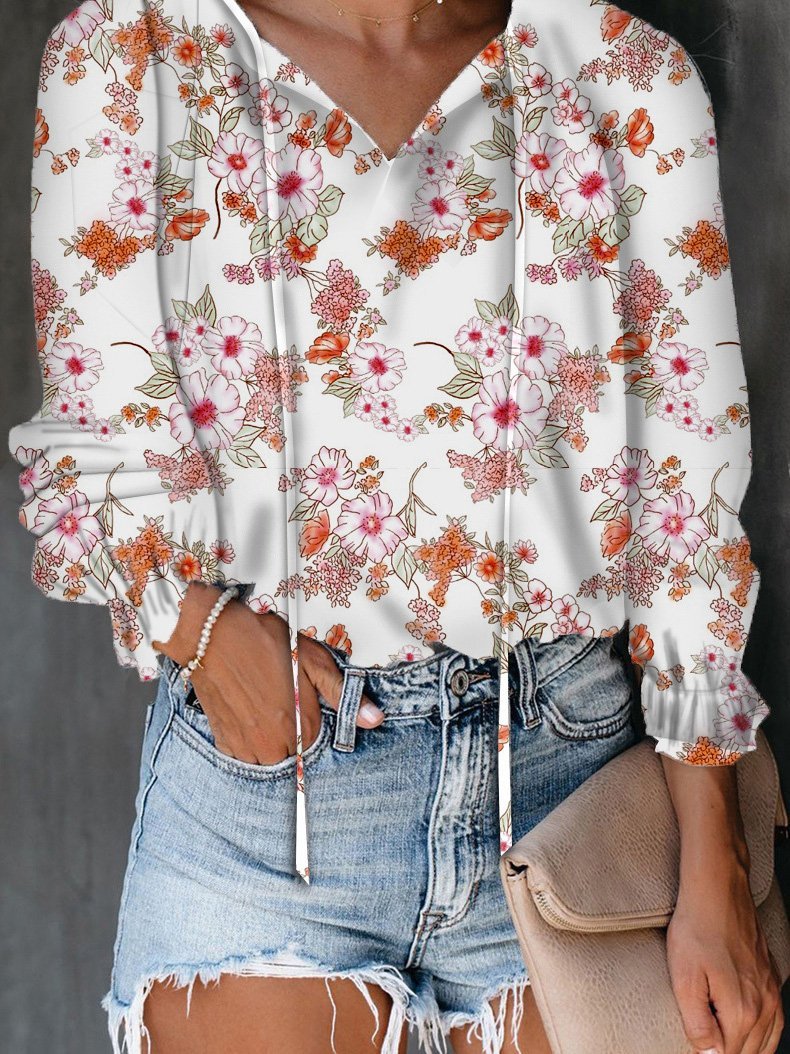 Women's Blouses Flower Print V-Neck Long Sleeve Blouse - Blouses - INS | Online Fashion Free Shipping Clothing, Dresses, Tops, Shoes - 20-30 - 26/09/2021 - BLO2109261352