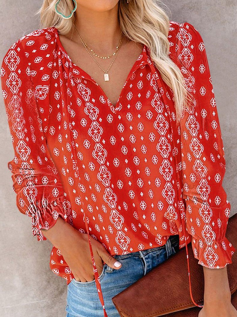 Women's Blouses Flower Print V-Neck Long Sleeve Blouse - Blouses - INS | Online Fashion Free Shipping Clothing, Dresses, Tops, Shoes - 20-30 - 26/09/2021 - BLO2109261352