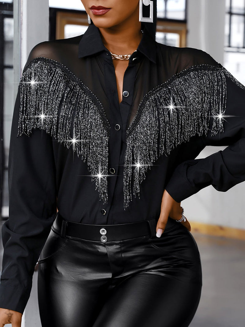 Women's Blouses Fringe Stitching Simple Long Sleeve Blouse - Blouses - Instastyled | Online Fashion Free Shipping Clothing, Dresses, Tops, Shoes - 25/12/2021 - 40-50 - BLO2112251510