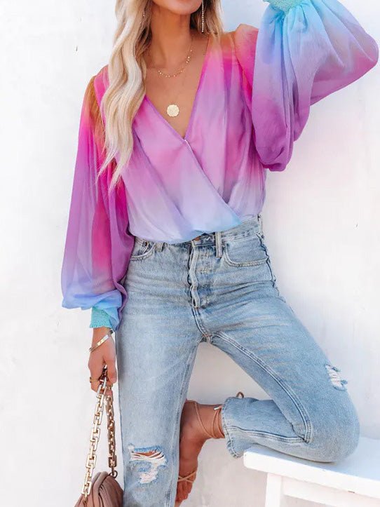 Women's Blouses Gradient Sheer V-Neck Long Sleeve Blouse - Blouses - Instastyled | Online Fashion Free Shipping Clothing, Dresses, Tops, Shoes - 07/05/2022 - 30-40 - BLO2205071692