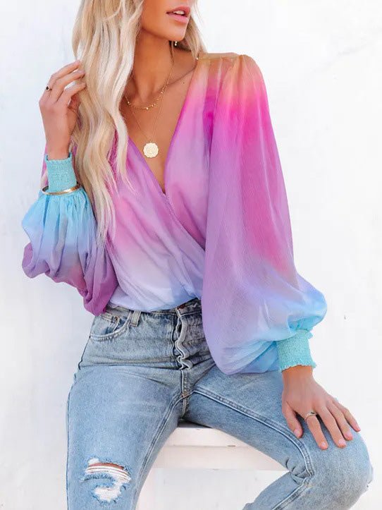 Women's Blouses Gradient Sheer V-Neck Long Sleeve Blouse - Blouses - Instastyled | Online Fashion Free Shipping Clothing, Dresses, Tops, Shoes - 07/05/2022 - 30-40 - BLO2205071692