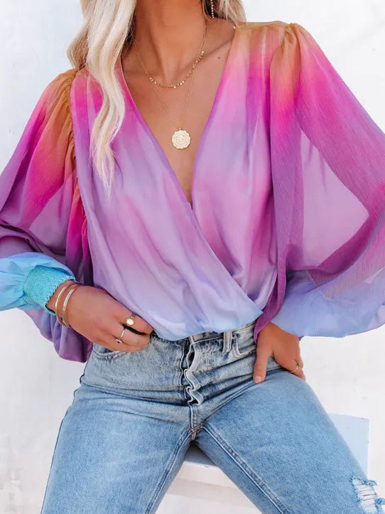 Women's Blouses Gradient Sheer V-Neck Long Sleeve Blouse - Blouses - Instastyled | Online Fashion Free Shipping Clothing, Dresses, Tops, Shoes - 07/05/2022 - 30-40 - BLO2205071692