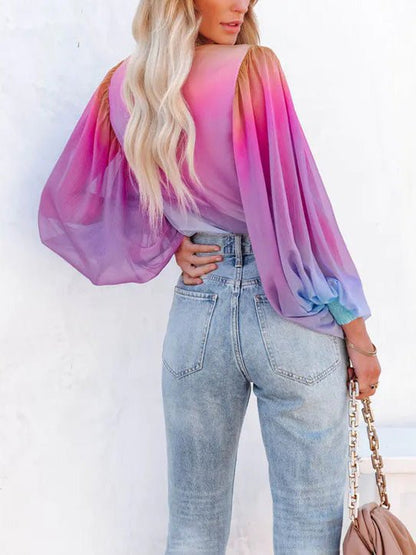 Women's Blouses Gradient Sheer V-Neck Long Sleeve Blouse - Blouses - Instastyled | Online Fashion Free Shipping Clothing, Dresses, Tops, Shoes - 07/05/2022 - 30-40 - BLO2205071692