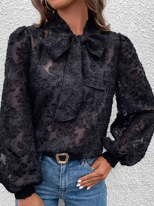 Women's Blouses Hollow Out Jacquard Flocking Long Sleeve Blouse - MsDressly