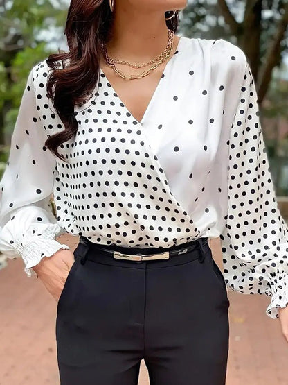 Women's Blouses Irregular Polka Dot Print V-Neck Long Sleeve Blouse - Blouses - Instastyled | Online Fashion Free Shipping Clothing, Dresses, Tops, Shoes - 09/05/2022 - BLO2205091693 - Blouses