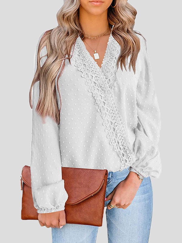 Women's Blouses Jacquard Lace V-Neck Long Sleeve Blouse - Blouses - Instastyled | Online Fashion Free Shipping Clothing, Dresses, Tops, Shoes - 22/12/2021 - 30-40 - BLO2112221496