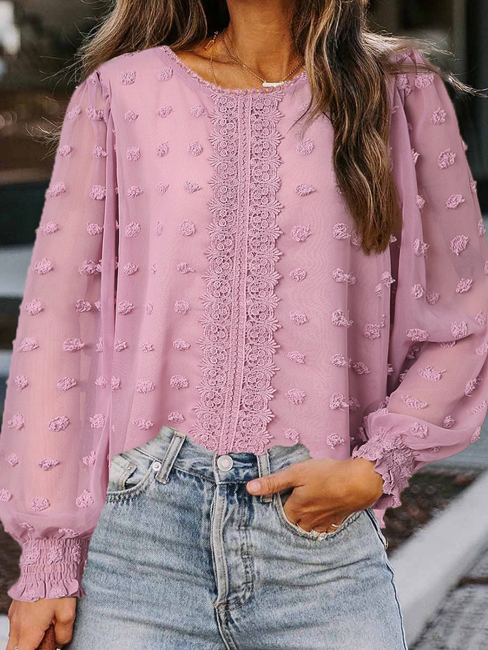 Women's Blouses Jacquard Round Neck Lace Long Sleeve Blouse - Blouses - Instastyled | Online Fashion Free Shipping Clothing, Dresses, Tops, Shoes - 23/12/2021 - 30-40 - BLO2112231501