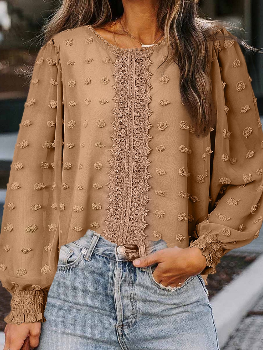 Women's Blouses Jacquard Round Neck Lace Long Sleeve Blouse - Blouses - Instastyled | Online Fashion Free Shipping Clothing, Dresses, Tops, Shoes - 23/12/2021 - 30-40 - BLO2112231501