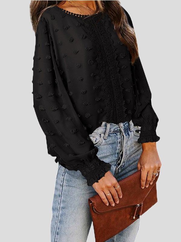 Women's Blouses Jacquard Round Neck Lace Long Sleeve Blouse - Blouses - Instastyled | Online Fashion Free Shipping Clothing, Dresses, Tops, Shoes - 23/12/2021 - 30-40 - BLO2112231501