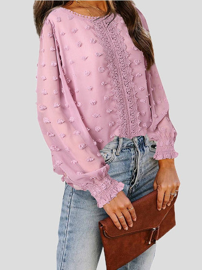 Women's Blouses Jacquard Round Neck Lace Long Sleeve Blouse - Blouses - Instastyled | Online Fashion Free Shipping Clothing, Dresses, Tops, Shoes - 23/12/2021 - 30-40 - BLO2112231501