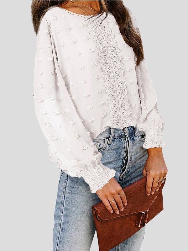 Women's Blouses Jacquard Round Neck Lace Long Sleeve Blouse - Blouses - Instastyled | Online Fashion Free Shipping Clothing, Dresses, Tops, Shoes - 23/12/2021 - 30-40 - BLO2112231501