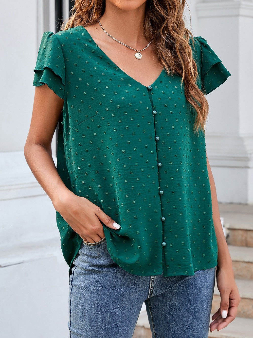 Women's Blouses Jacquard V-Neck Buttoned Ruffle Short Sleeve Chiffon Blouse - Blouses - Instastyled | Online Fashion Free Shipping Clothing, Dresses, Tops, Shoes - 18/04/2022 - 30-40 - BLO2204181672