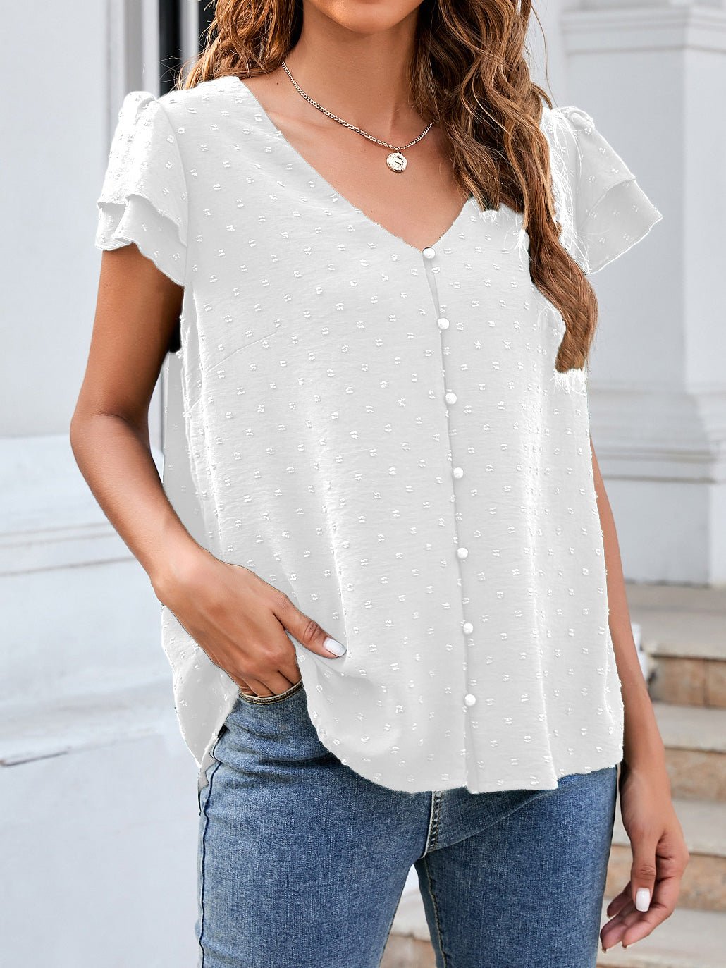 Women's Blouses Jacquard V-Neck Buttoned Ruffle Short Sleeve Chiffon Blouse - Blouses - Instastyled | Online Fashion Free Shipping Clothing, Dresses, Tops, Shoes - 18/04/2022 - 30-40 - BLO2204181672