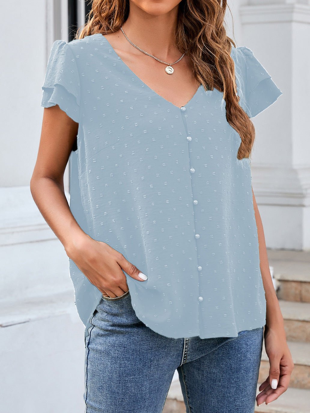 Women's Blouses Jacquard V-Neck Buttoned Ruffle Short Sleeve Chiffon Blouse - Blouses - Instastyled | Online Fashion Free Shipping Clothing, Dresses, Tops, Shoes - 18/04/2022 - 30-40 - BLO2204181672