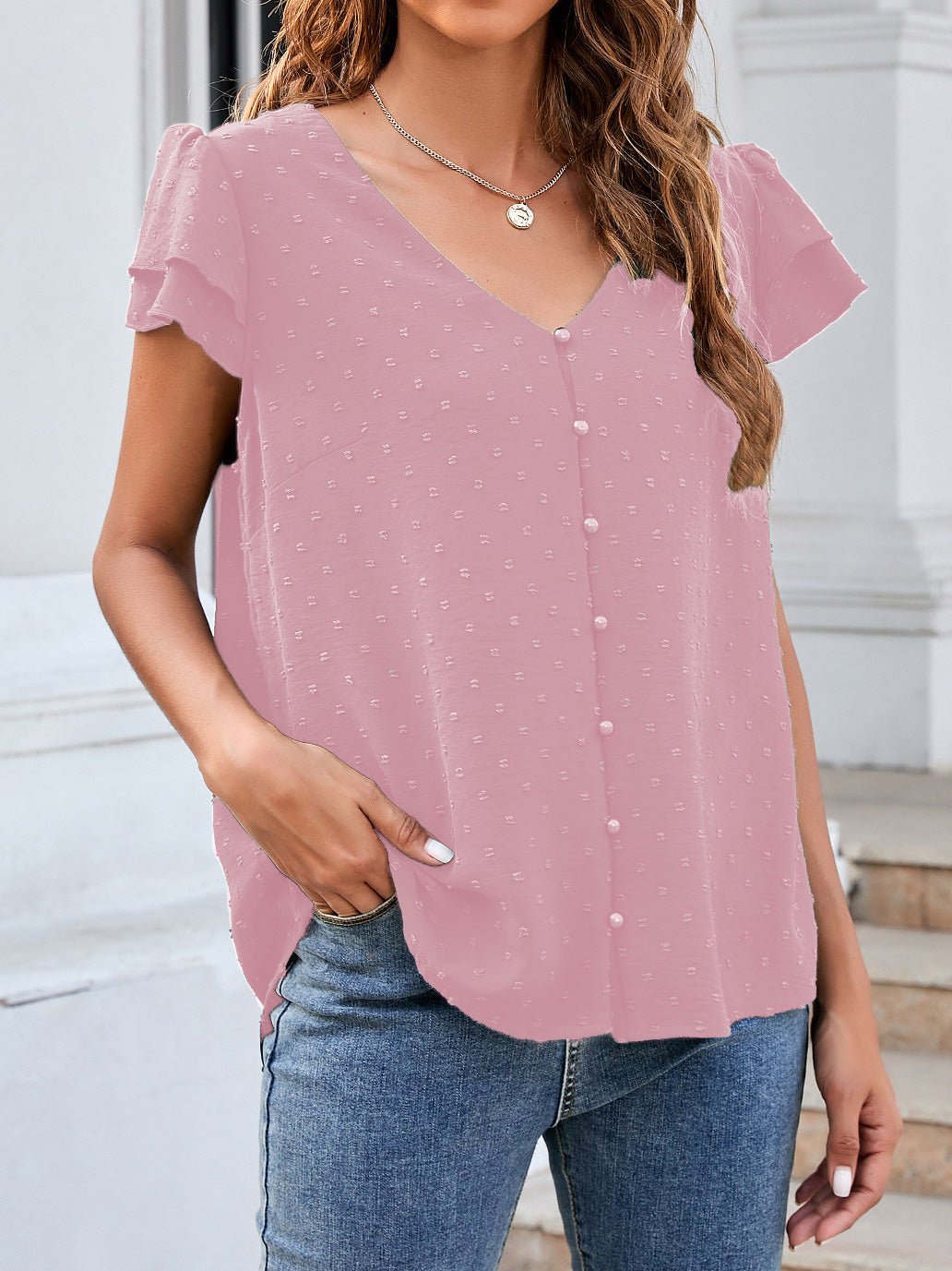 Women's Blouses Jacquard V-Neck Buttoned Ruffle Short Sleeve Chiffon Blouse - Blouses - Instastyled | Online Fashion Free Shipping Clothing, Dresses, Tops, Shoes - 18/04/2022 - 30-40 - BLO2204181672