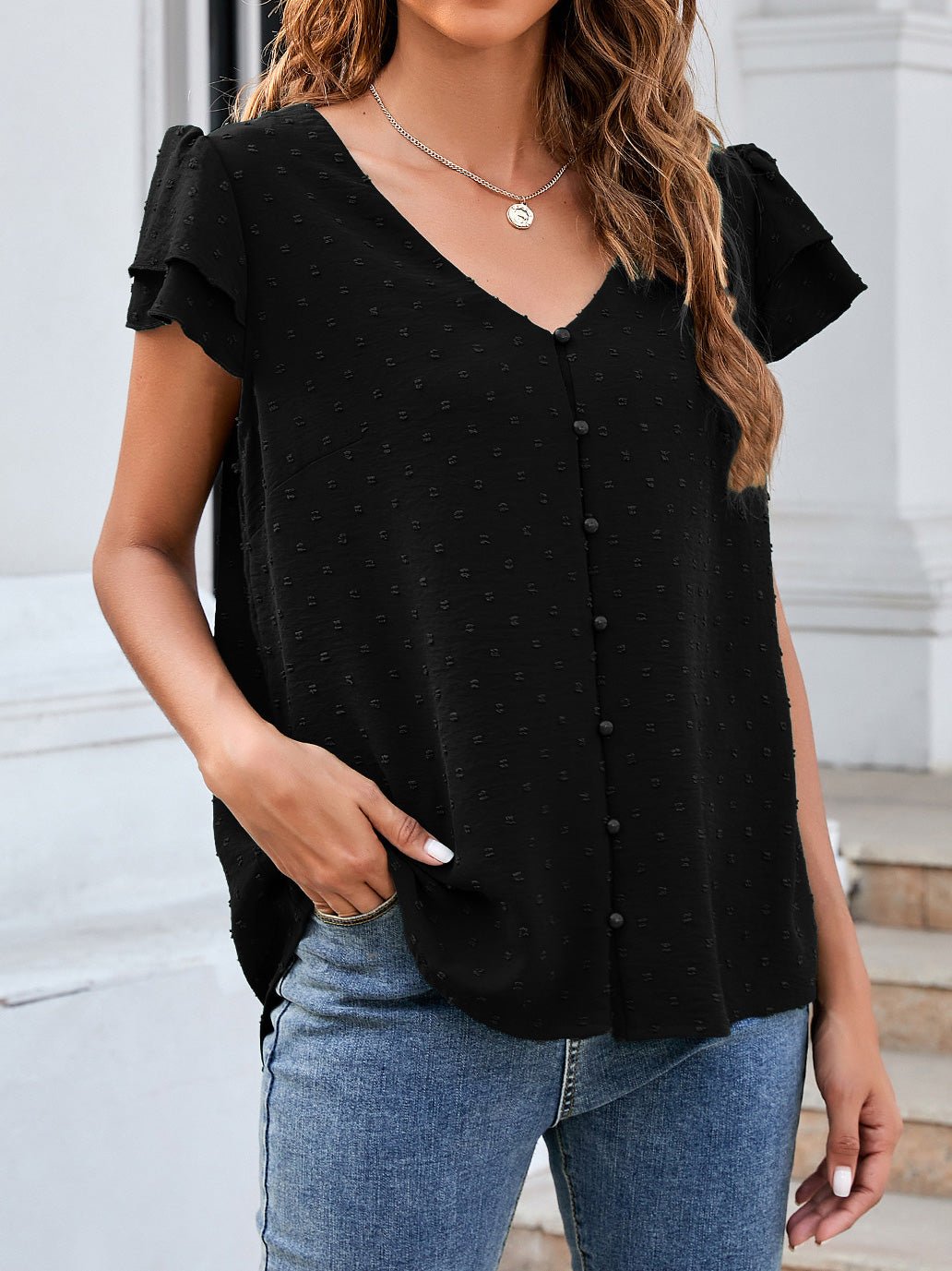 Women's Blouses Jacquard V-Neck Buttoned Ruffle Short Sleeve Chiffon Blouse - Blouses - Instastyled | Online Fashion Free Shipping Clothing, Dresses, Tops, Shoes - 18/04/2022 - 30-40 - BLO2204181672