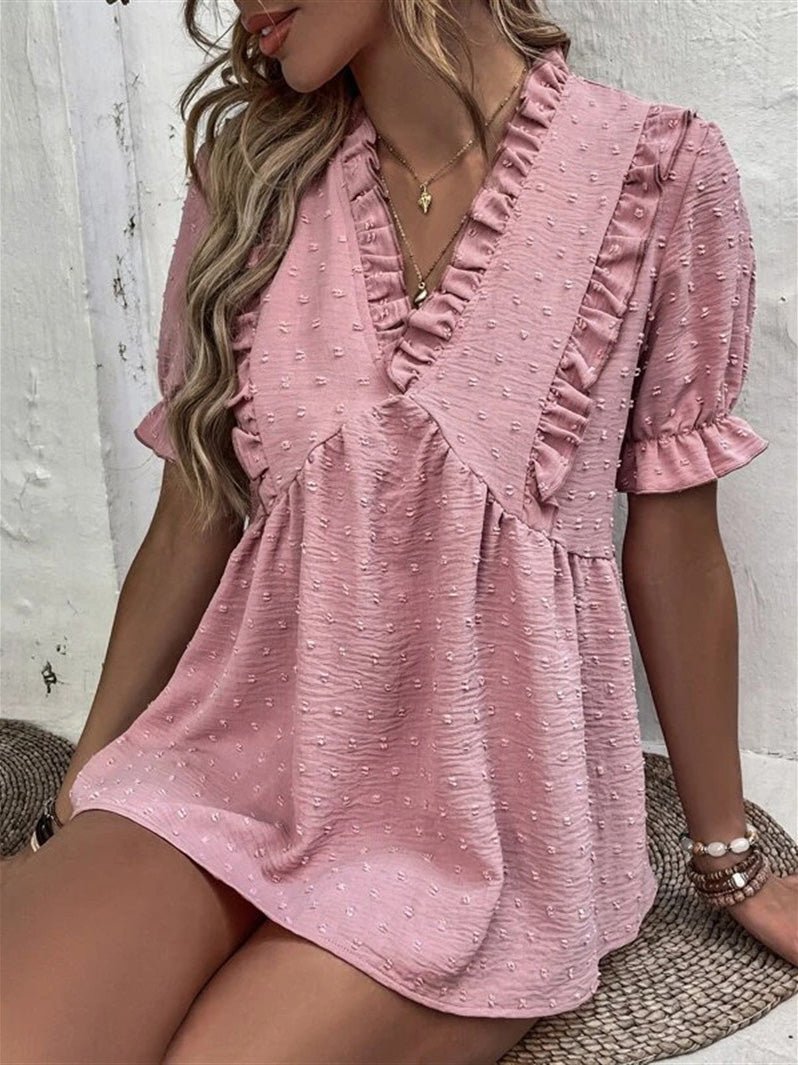 Women's Blouses Jacquard V-Neck Ruffle Short Sleeve Blouse - Blouses - Instastyled | Online Fashion Free Shipping Clothing, Dresses, Tops, Shoes - 15/06/2022 - BLO2206151735 - Blouses