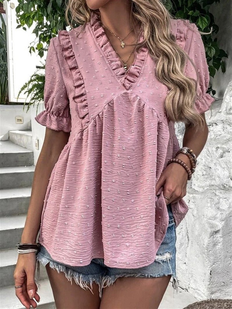 Women's Blouses Jacquard V-Neck Ruffle Short Sleeve Blouse - Blouses - Instastyled | Online Fashion Free Shipping Clothing, Dresses, Tops, Shoes - 15/06/2022 - BLO2206151735 - Blouses