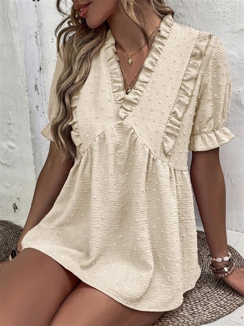 Women's Blouses Jacquard V-Neck Ruffle Short Sleeve Blouse - Blouses - Instastyled | Online Fashion Free Shipping Clothing, Dresses, Tops, Shoes - 15/06/2022 - BLO2206151735 - Blouses