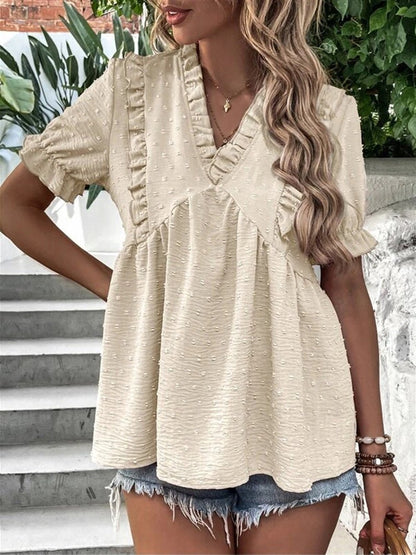 Women's Blouses Jacquard V-Neck Ruffle Short Sleeve Blouse - Blouses - Instastyled | Online Fashion Free Shipping Clothing, Dresses, Tops, Shoes - 15/06/2022 - BLO2206151735 - Blouses