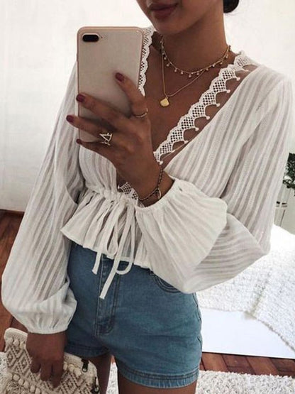 Women's Blouses Lace Elastic Waist Tie Balloon Sleeves Blouse - Blouses - Instastyled | Online Fashion Free Shipping Clothing, Dresses, Tops, Shoes - 17/09/2022 - 20-30 - BLO2209171874