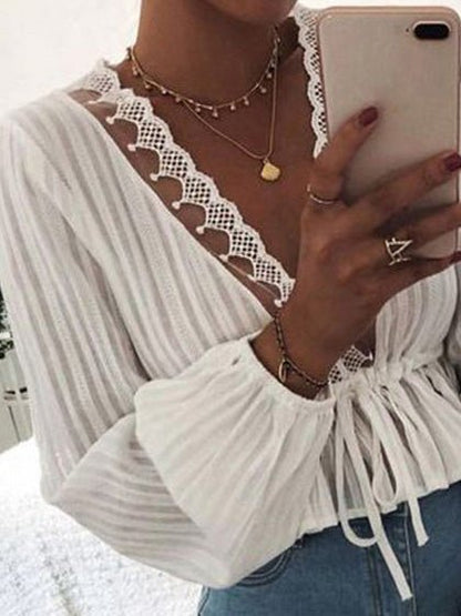 Women's Blouses Lace Elastic Waist Tie Balloon Sleeves Blouse - Blouses - Instastyled | Online Fashion Free Shipping Clothing, Dresses, Tops, Shoes - 17/09/2022 - 20-30 - BLO2209171874